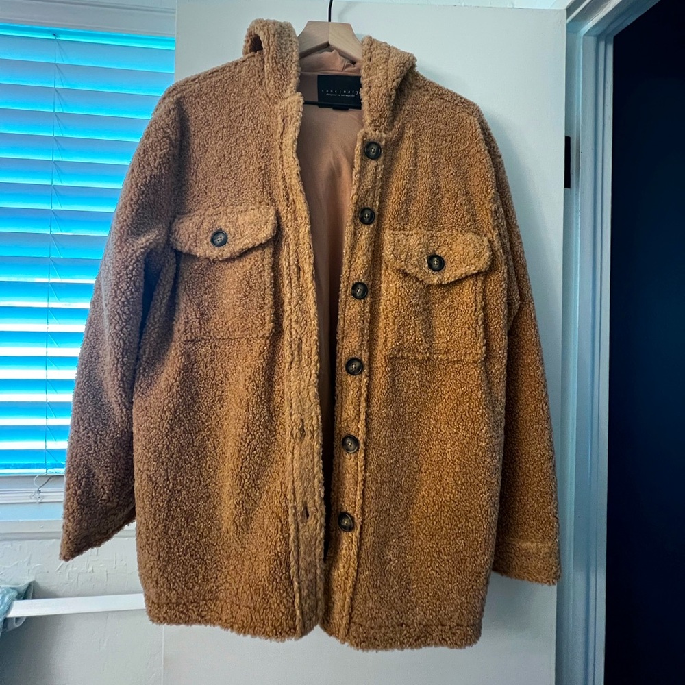 Sanctuary Teddy Fleece Hooded Jacket, size M, brown.